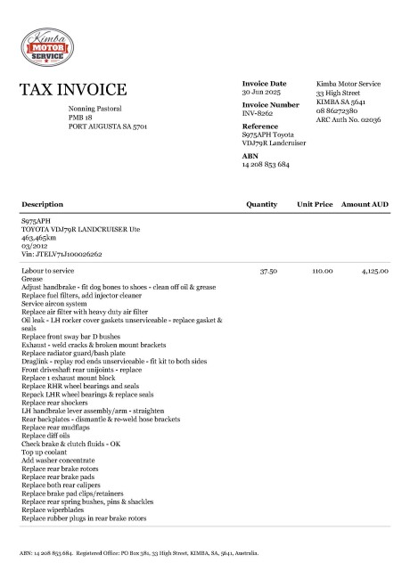 Invoice INV 8262 S975APH Landcruser Page 1